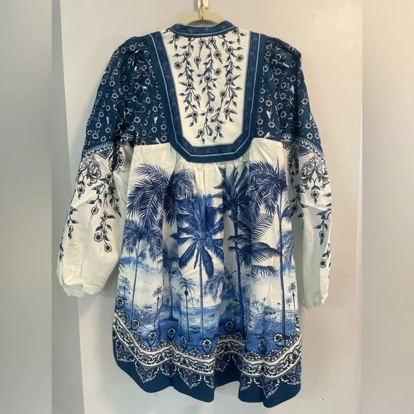 NWT Farm Rio Palm Tree Off White and blue balloon sleeve mini dress womens Small - Picture 3 of 6